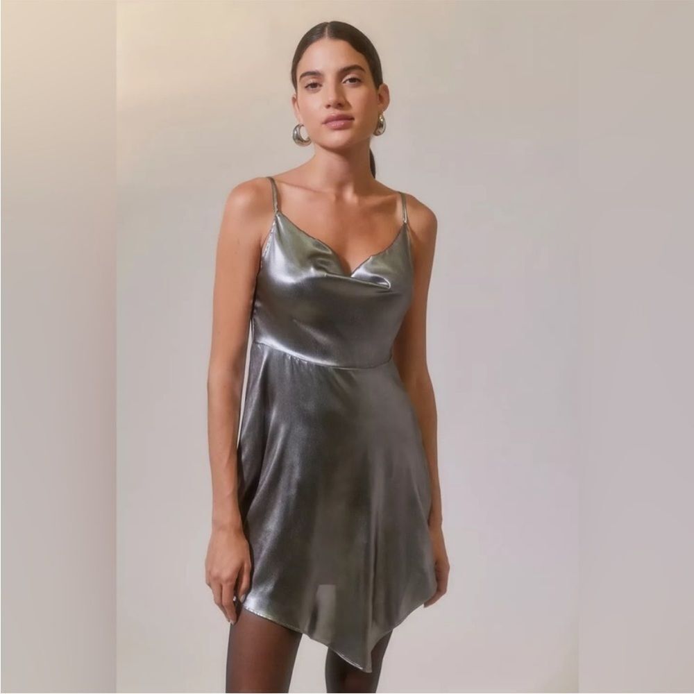 Silver UO Mallory Metallic Asymmetrical Slip Dress Xs